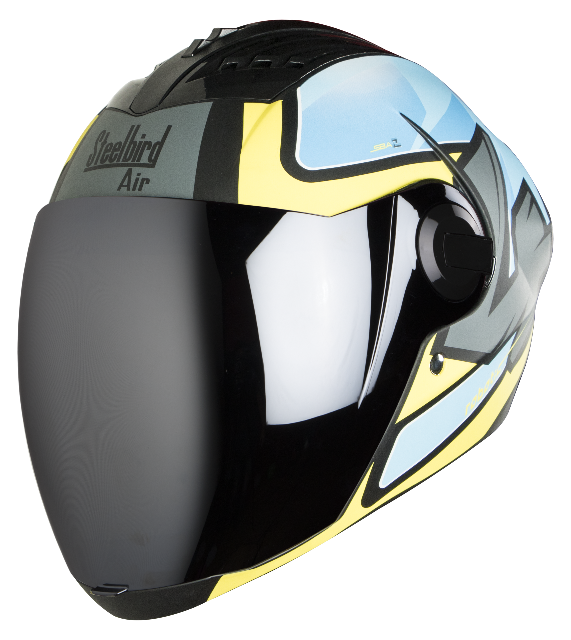 SBA-2 ROBOTICS MAT BLACK WITH BLUE AND YELLOW  ( Fitted With Clear Visor  Extra Silver Chrome Visor Free)